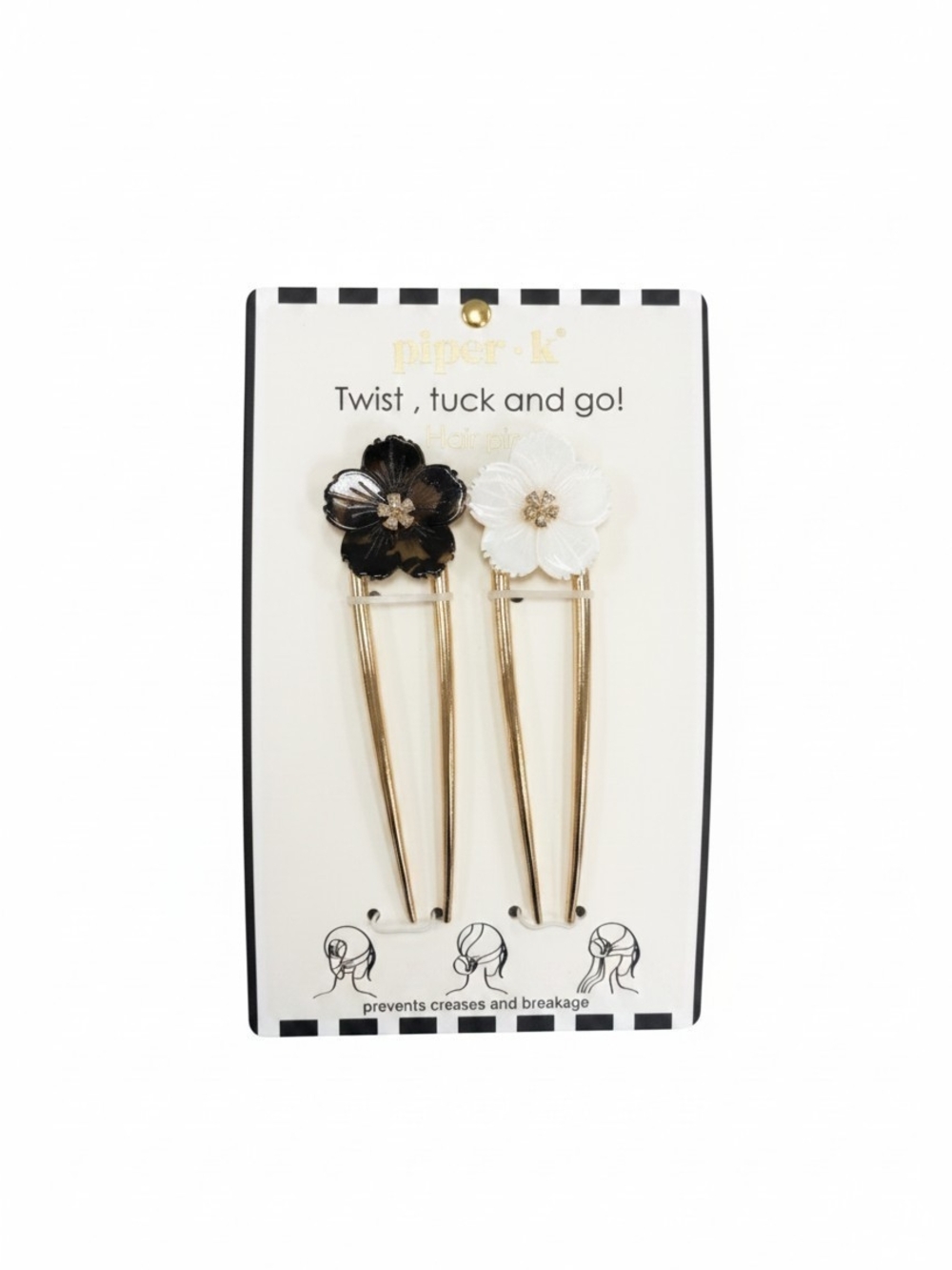 🖤▪️Piper K▪️  Gold Floral Twist Hair Pins — Black & White Flowers